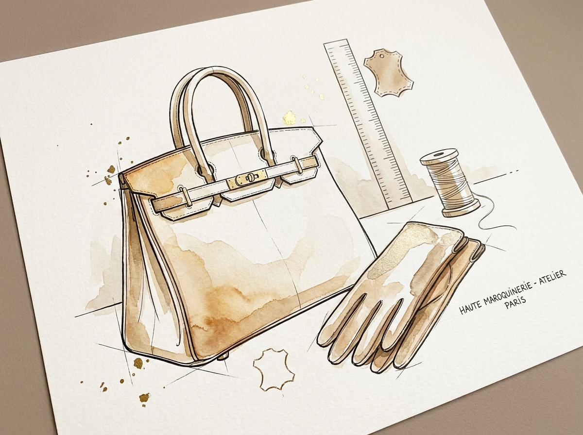 Luxury handbag and leather goods artisanal fashion sketch
