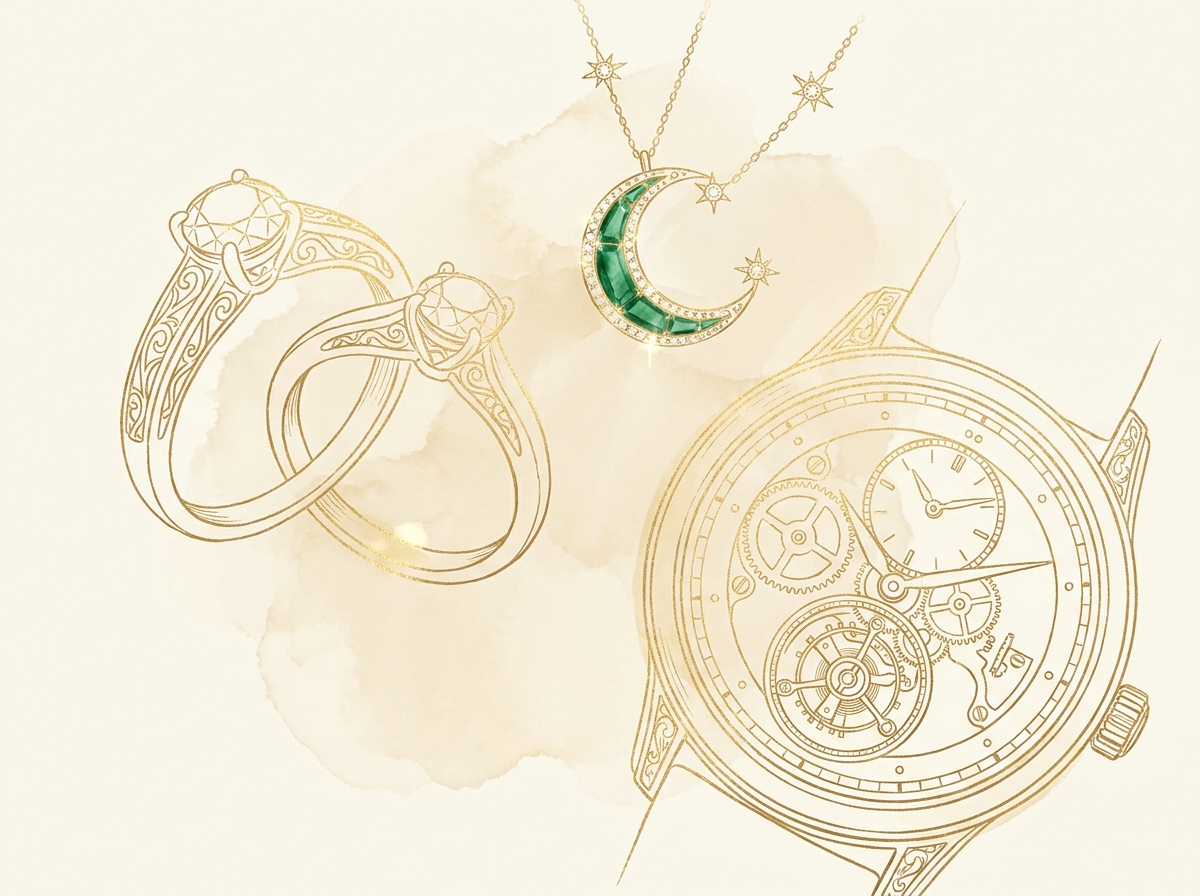 Fine jewelry and luxury accessories technical gold line art drawing